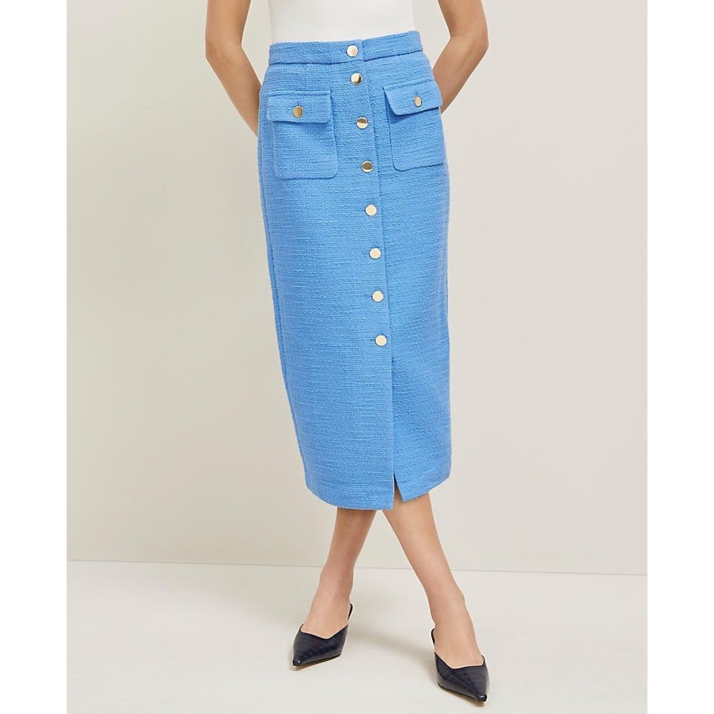 Ann Taylor Maritime Blue Tweed Gold Button Front Midi Pencil Skirt Size 10P